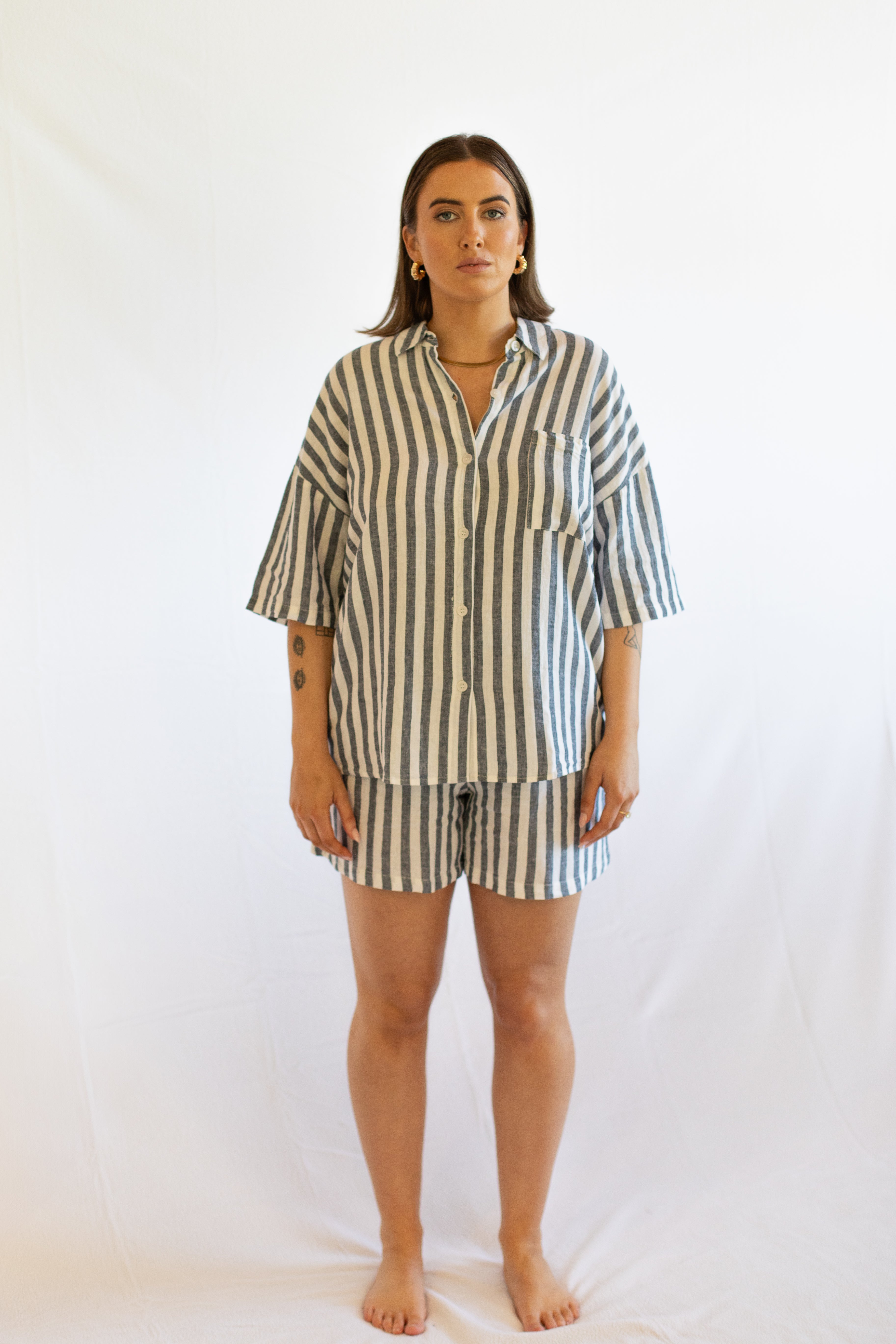 Evie Navy Stripe Linen Short Set