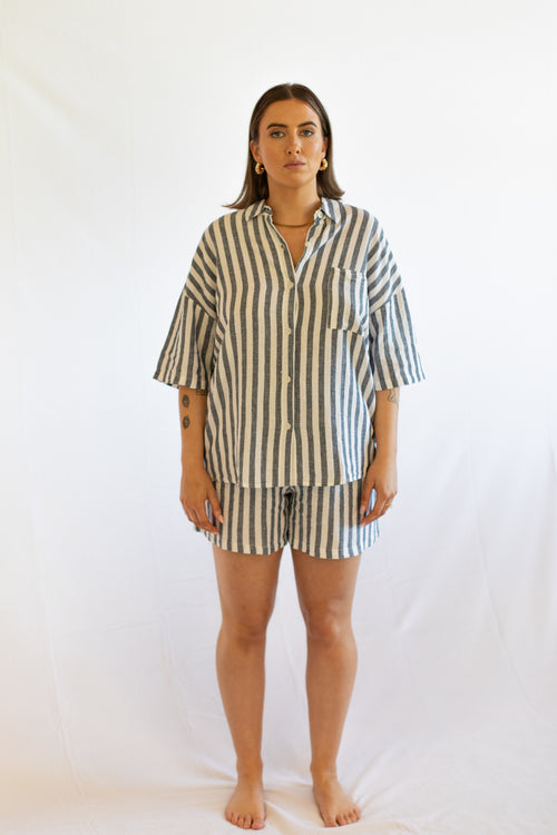 Evie Navy Stripe Linen Short Set