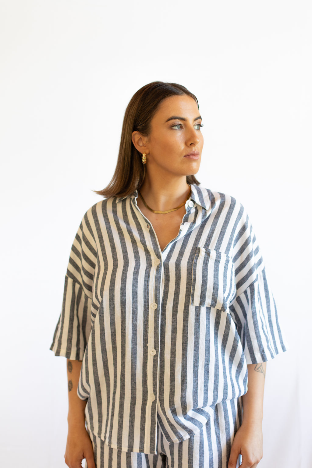 Evie Navy Stripe Linen Short Set