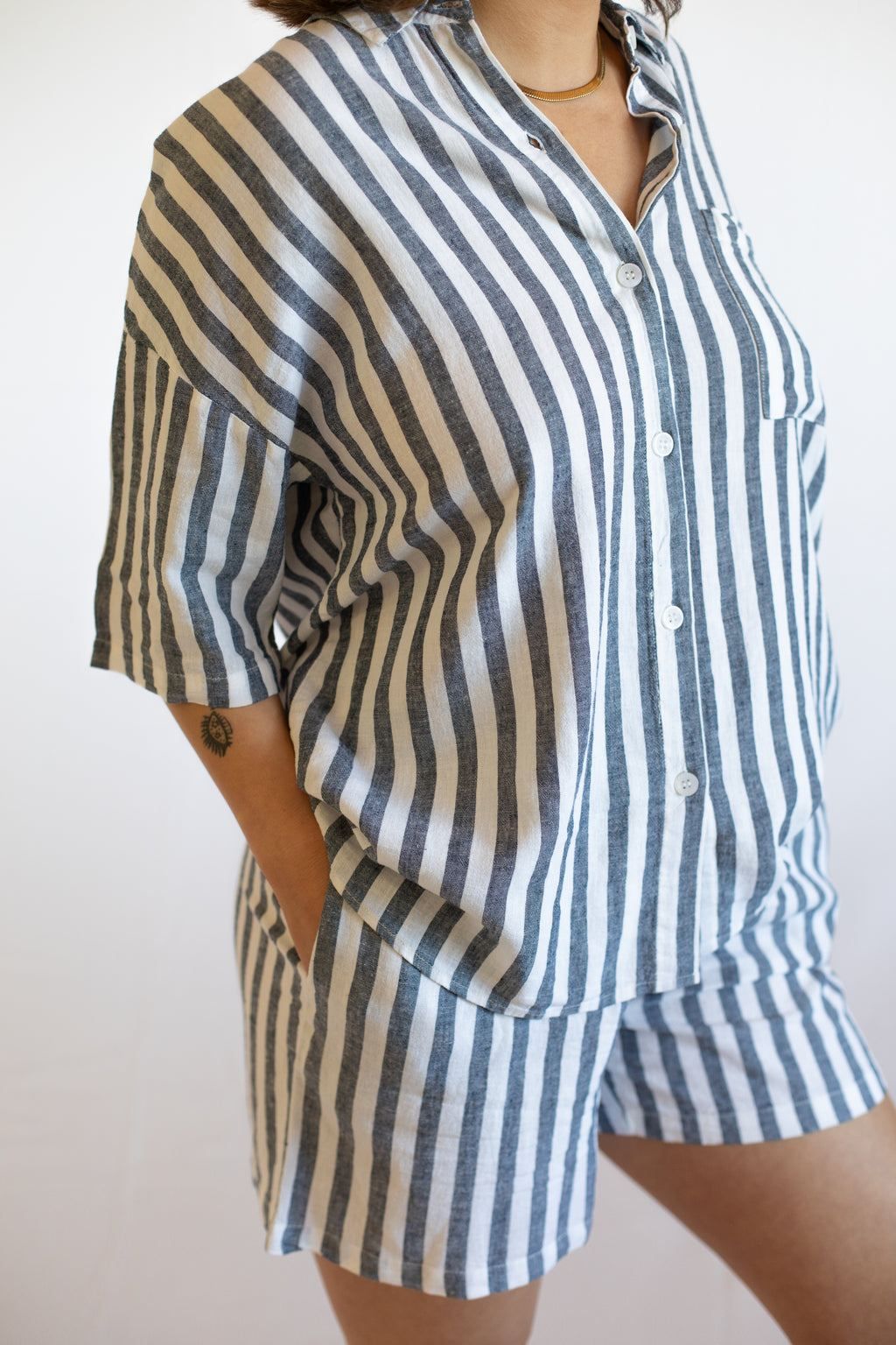 Evie Navy Stripe Linen Short Set