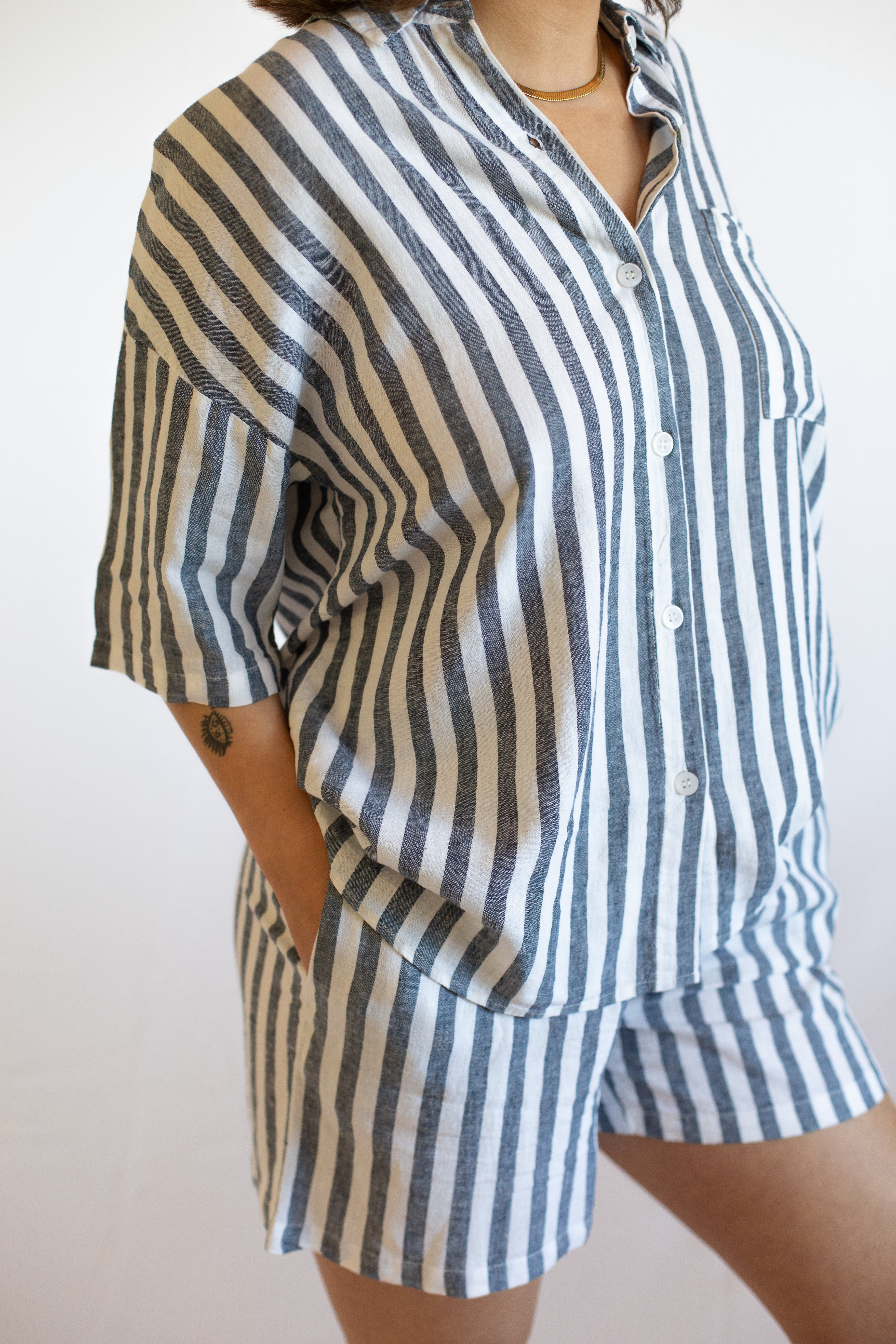 Evie Navy Stripe Linen Short Set